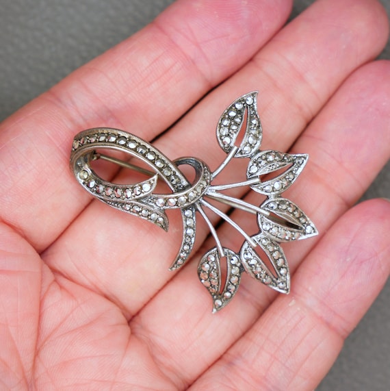Ancienne Broche En Argent Massif Fleurs Feuillages Marcassite Art Déco