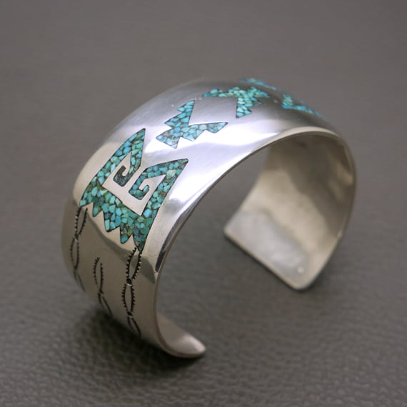 Vintage Solid Silver Open Cuff Bracelet: Turquois… - image 2
