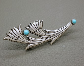 Turquoise & Sterling Silver Brooch, Blue gemstone pin, Stylized flower decor Egyptian revival mid century jewelry, December birthstone