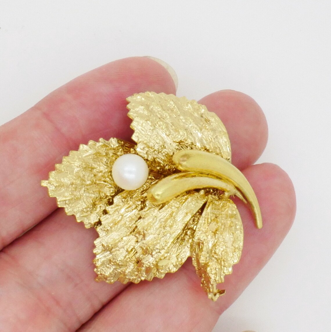 Golden Leaf Pin Brooch Rolled Gold & Genuine Pearl Pin Etsy