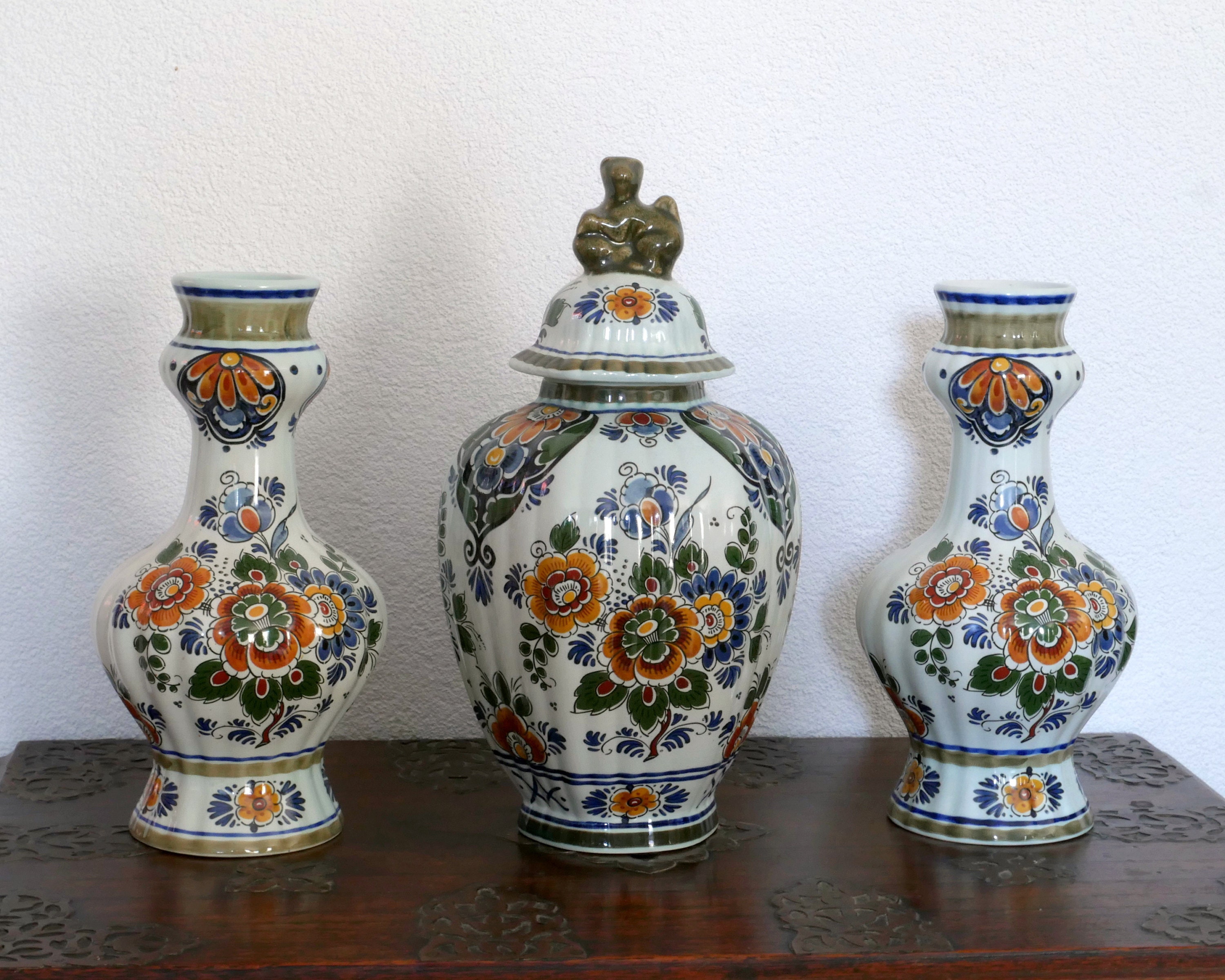 Pair of Delft Polychrome Lump Vases H22cm, Hand Painted Vintage Delftware  Dutch Heritage Pottery From Holland, Chinoiserie Flower Decor 