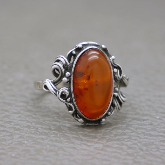 Genuine Amber & Sterling Silver Ring Size 6.75, N… - image 2