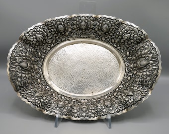 Antique 800 Silver Large Oval Footed Bowl 539 Grams - Asian Antique 800 Silver Large Oval Footed Bowl 539 Grams - Asian