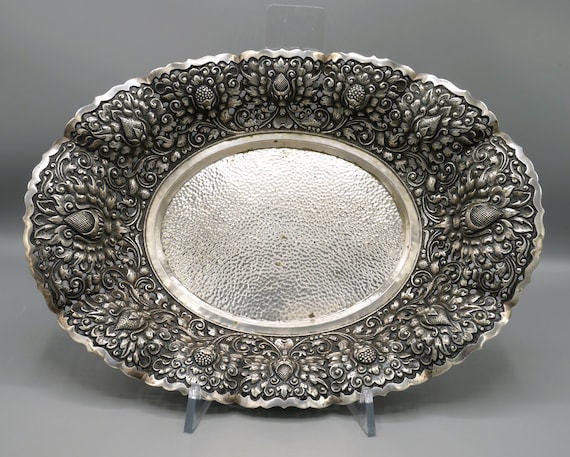 Antique 800 Silver Large Oval Footed Bowl 539 Grams - Asian