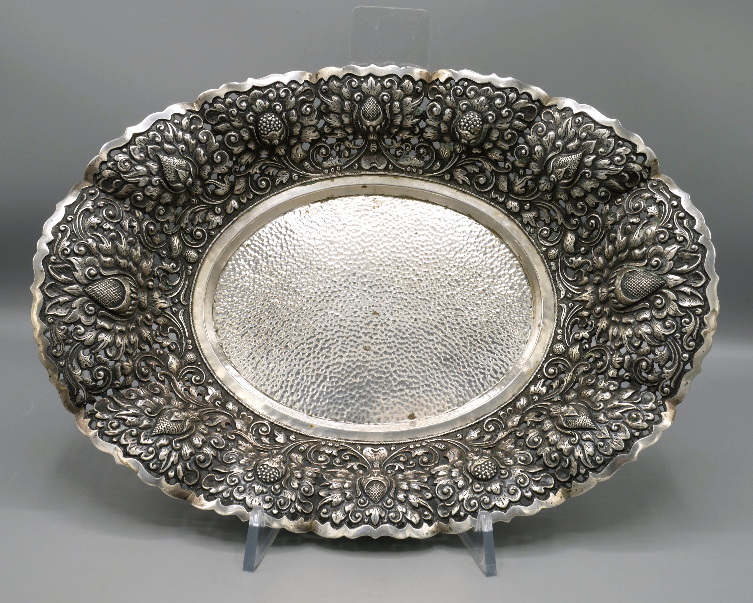 Antique 800 Silver Large Oval Footed Bowl 539 Grams - Asian Antique 800 Silver Large Oval Footed Bowl 539 Grams - Asian