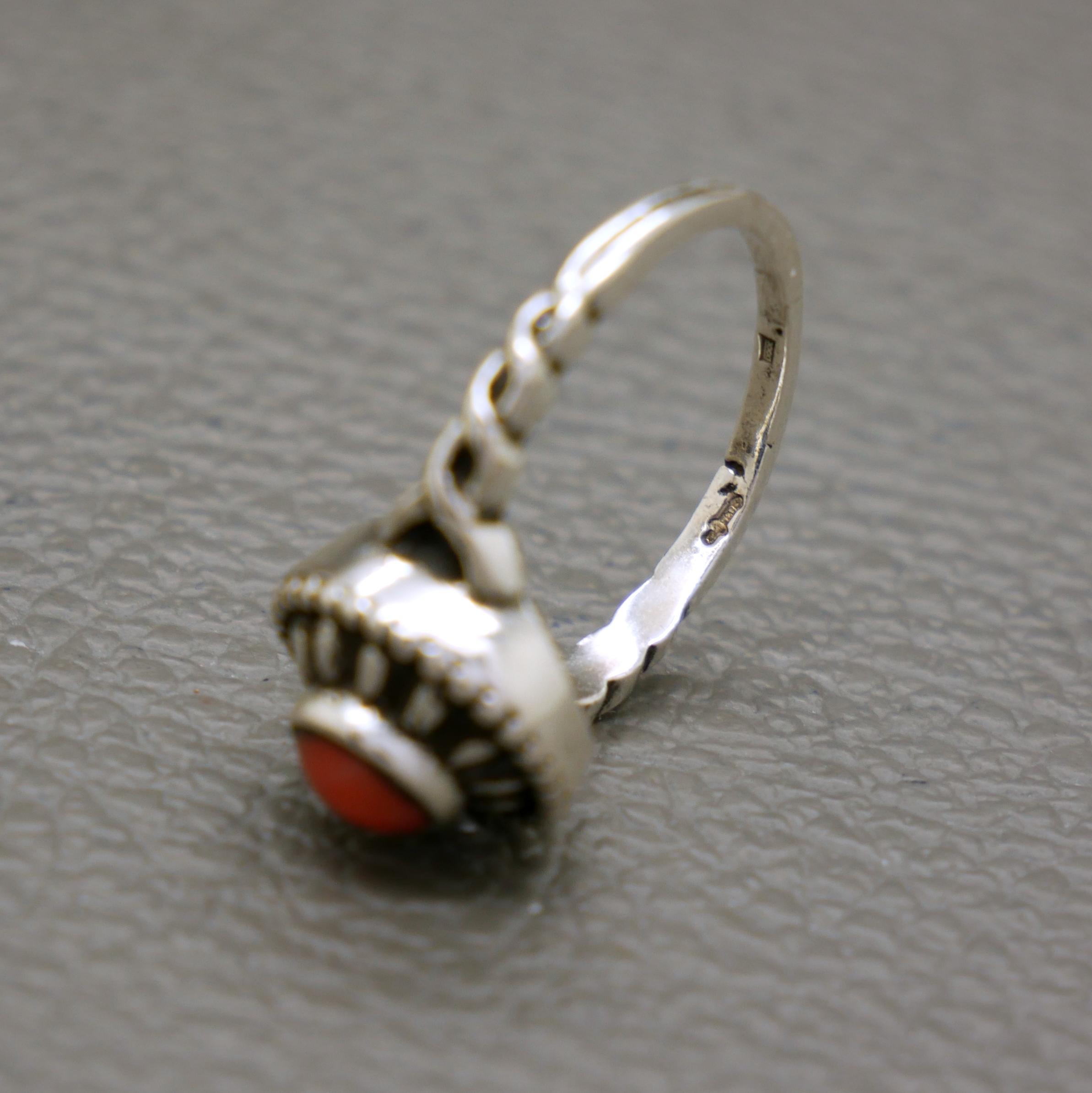 Bague Ancienne En Argent Massif 925 Avec Corail Rouge Naturel - Taille 53 - Occasion Bon état