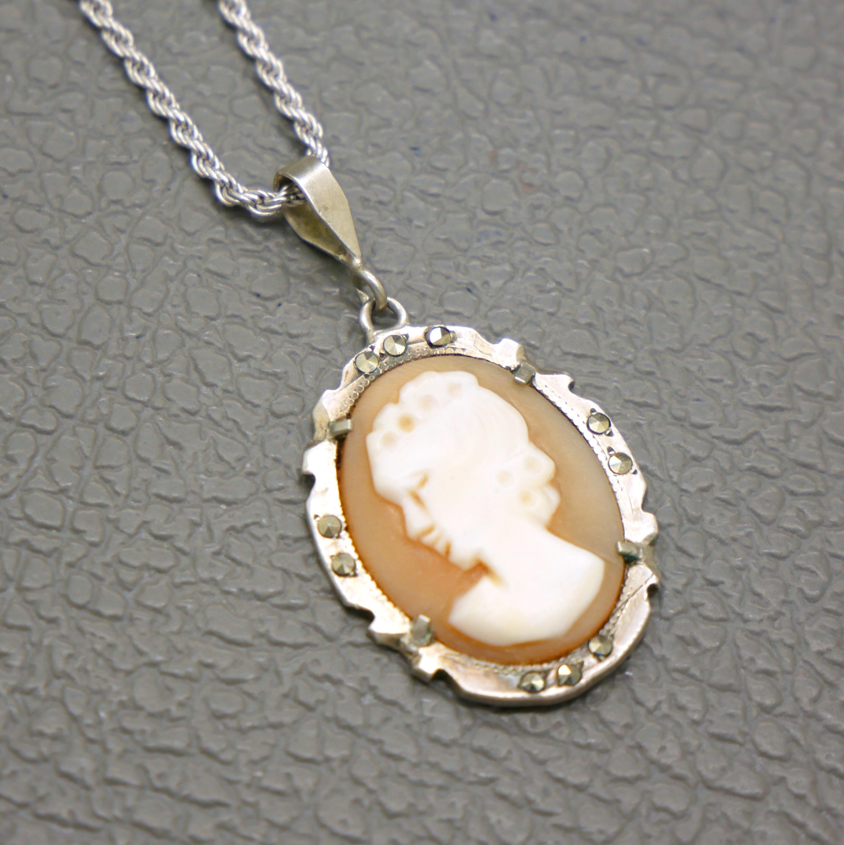 Antique Carved Shell Cameo Pendant: 800 Silver Italian Portrait