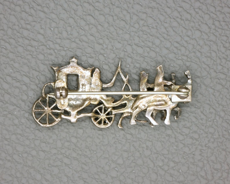 Vintage 835 Silver Brooch, Marcasite Set Coach And Horses Design Pin, Mid Century Jewelry image 4