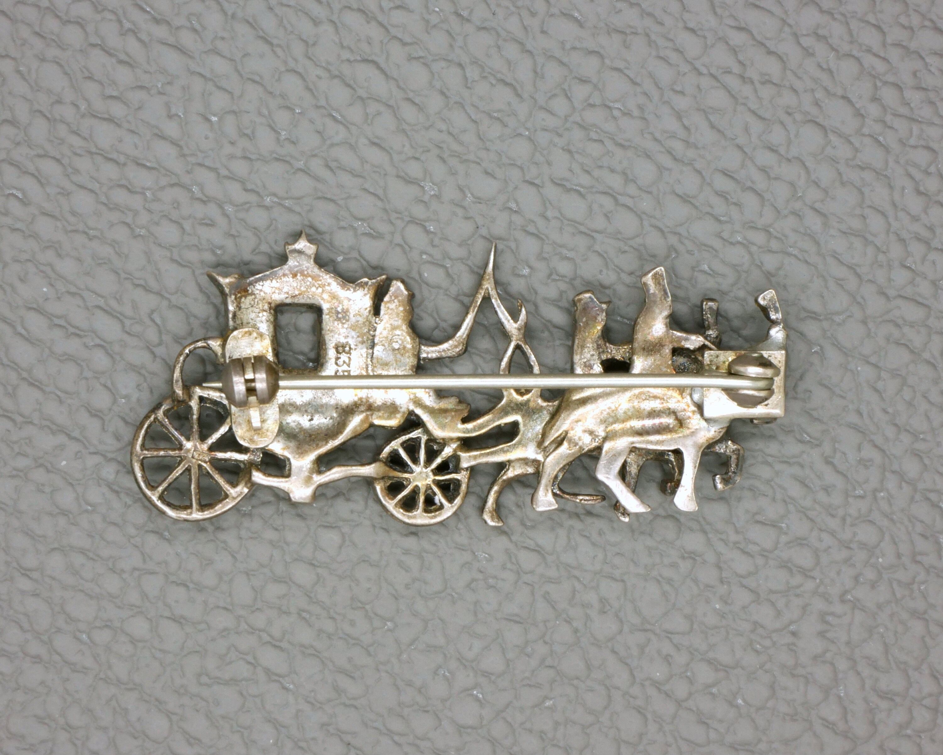 Vintage 835 Silver Brooch, Marcasite Set Coach and Horses Vintage 835 Silver Brooch, Marcasite Set Coach and Horses