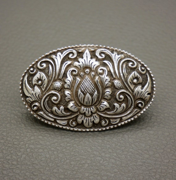 Broche Vintage Argentée à Décor Floral, Avec Pierre Dorée, Occasion