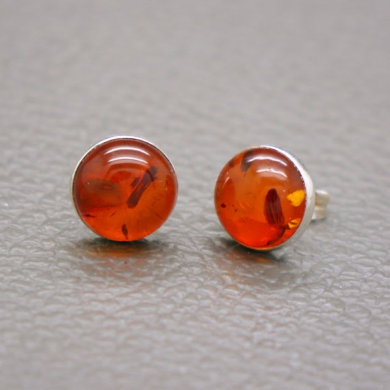 Boucles D'oreilles Anciennes Argent Massif 925 - Cabochon Ambre Véritable - Forme Lys