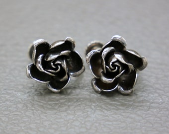 Small Rose Flower 835 Silver Earrings with screw back closure, Dutch heritage 1930's vintage jewelry - KW5