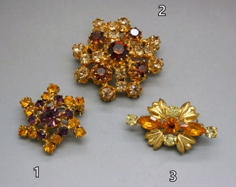 Citrine Glass Rhinestone Brooch, Champagne Yellow Orange Strass Crystal Pin, 1950s 1960s Mid Century Costume Jewelry, Vintage Wedding Prom
