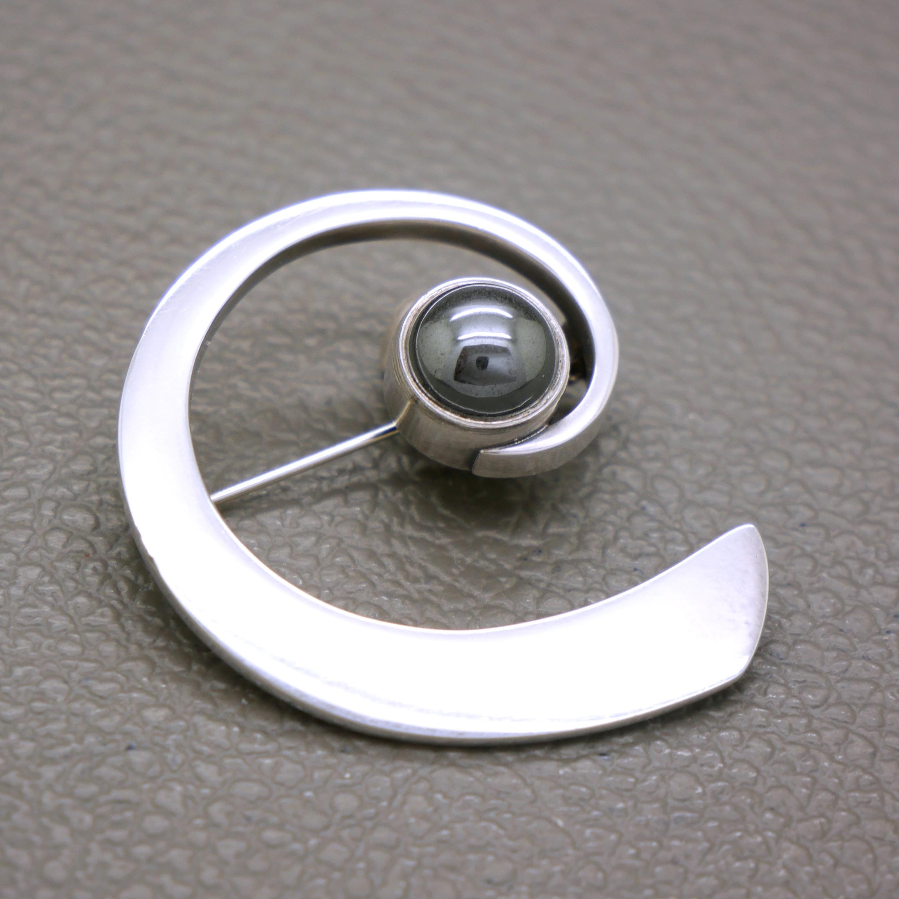 Broche Moderniste N.E. From En Argent Et Ambre - Danemark Circa 1950 - Pièce Signée