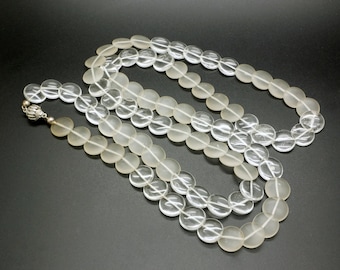 Quartz Beaded Necklace 32", Lentil shaped clear & milky quartz beads, Vintage mid century jewelry