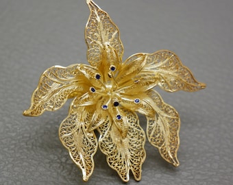 Vintage Gold Plated Orchid Flower Brooch - Topazio Portugal 800 Silver Filigree with Blue Enamel Accents, 1960's-1970's Jewellery, KW2