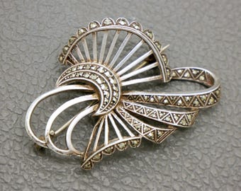 Broche Ancienne En Argent Sterling Avec Fleur & Feuillage, Ornée De Marcassites