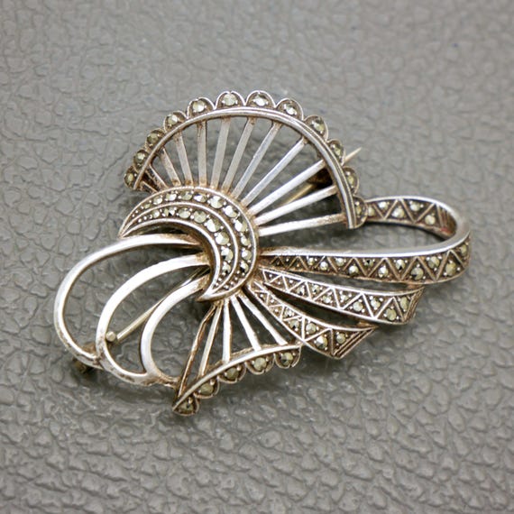 Antique Marcasite 835 Silver Brooch – 1930s Art Deco Design 