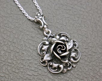 TEKA Theodor Klotz Sterling Silber Rose Anhänger: Mid Century Vintage Schmuck, optional mit Kette