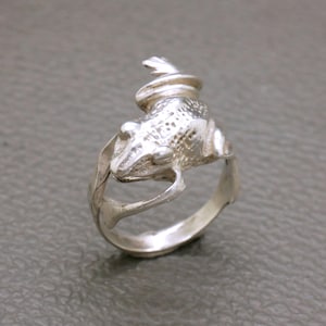 May include: A silver-toned ring featuring a sculpted frog design. The frog is positioned on top of the band with its legs extending down to form part of the ring structure. The surface of the frog has a textured, bumpy appearance with smooth highlights.