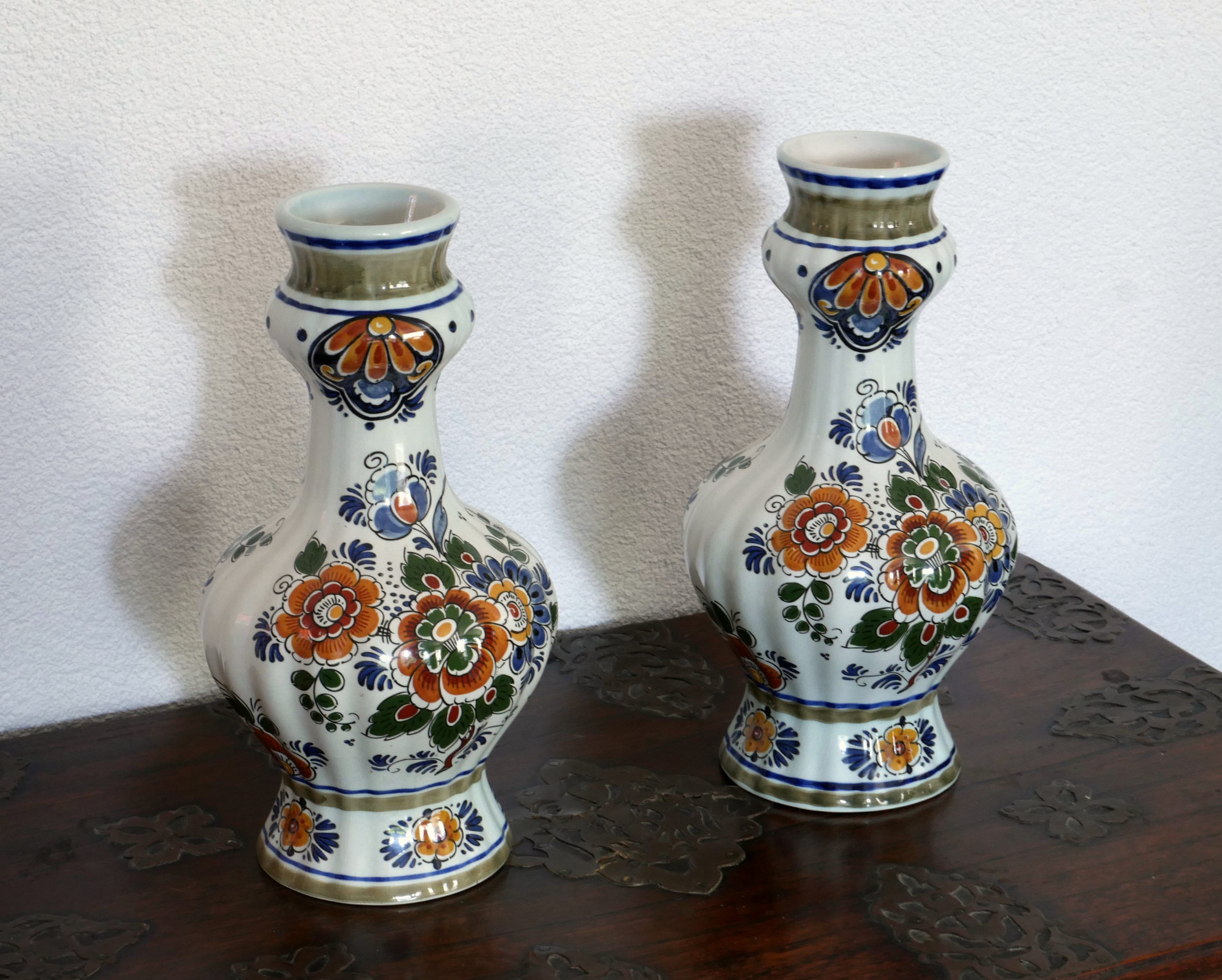 Pair of Delft Polychrome Lump Vases H22cm, Hand Painted Vintage Delftware  Dutch Heritage Pottery From Holland, Chinoiserie Flower Decor 