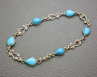 Blue Turquoise & Sterling Silver Bracelet, 1970's Native American Artisan Handcrafted Jewelry, December Birthstone