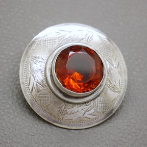 Large Citrine Solid Silver Brooch with Etched Thistle Ornament – Arts & Crafts Design Scottish Kilt Pin - 20 Carat Genuine Citrine