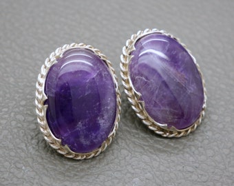 Große Amethyst & Sterling Silber Ohrclips - Klassische Mid Century Design Schmuckstücke