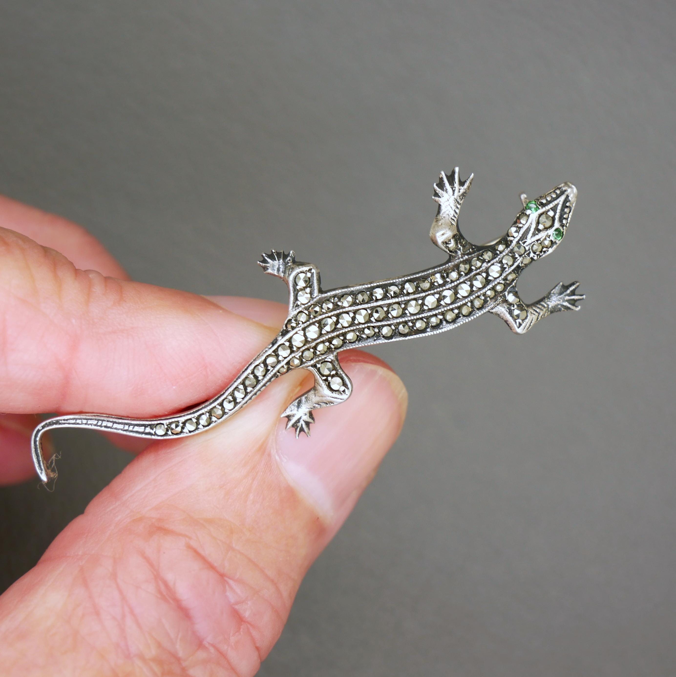 Broche Lézard En Argent Et Marcassite - Vintage - Occasion (manque 3 Pierres)