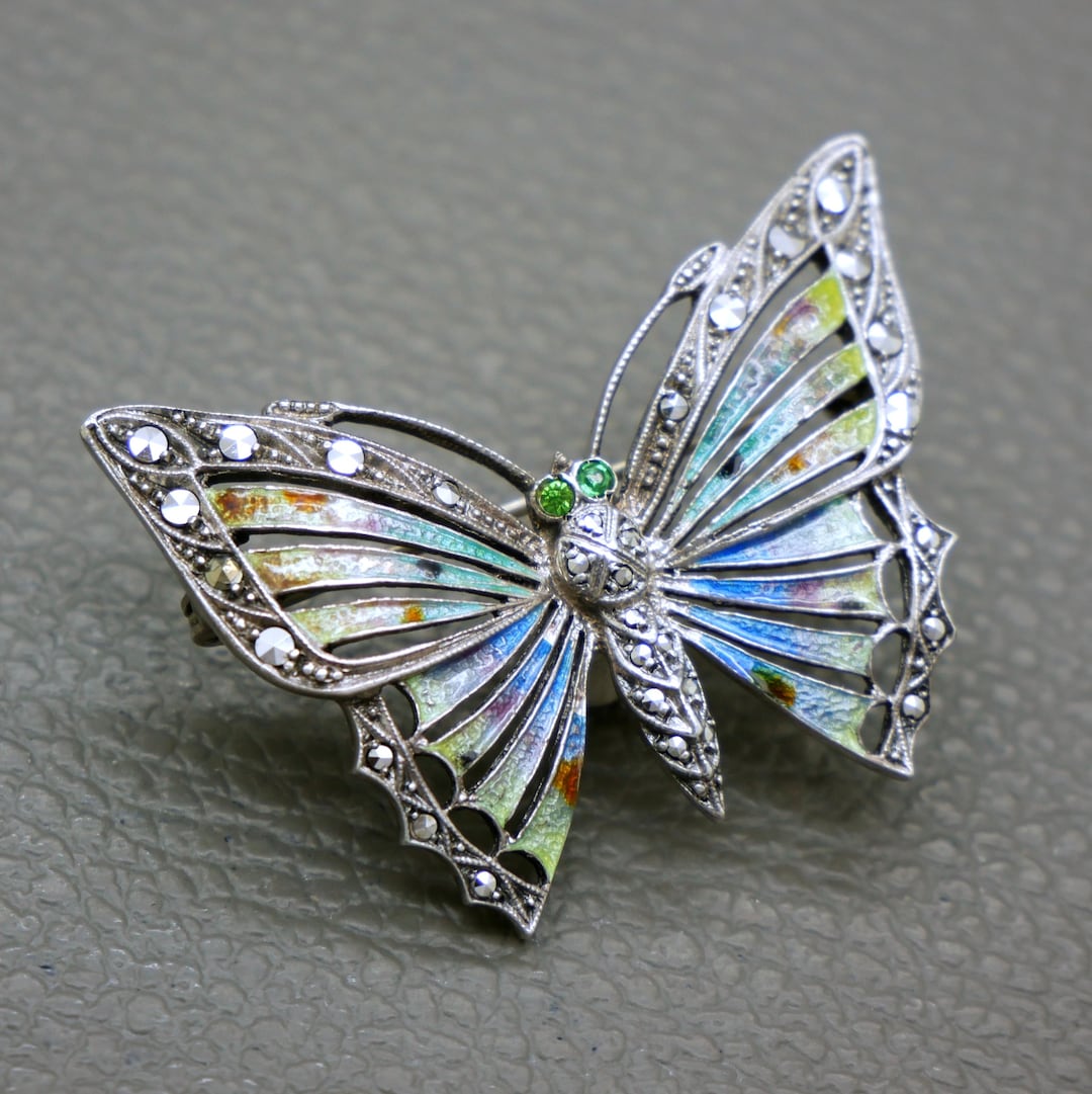 Belle Broche Ancienne En Argent Massif 925 - Style Art Déco Papillon - Vintage
