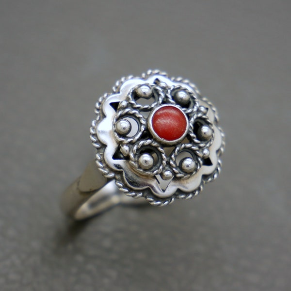 Antique Coral Ring, Genuine Red Coral & 835 Silver Ring Size 8 Victorian Style Handcrafted Dutch Heritage Jewelry, Mediterranean Coral