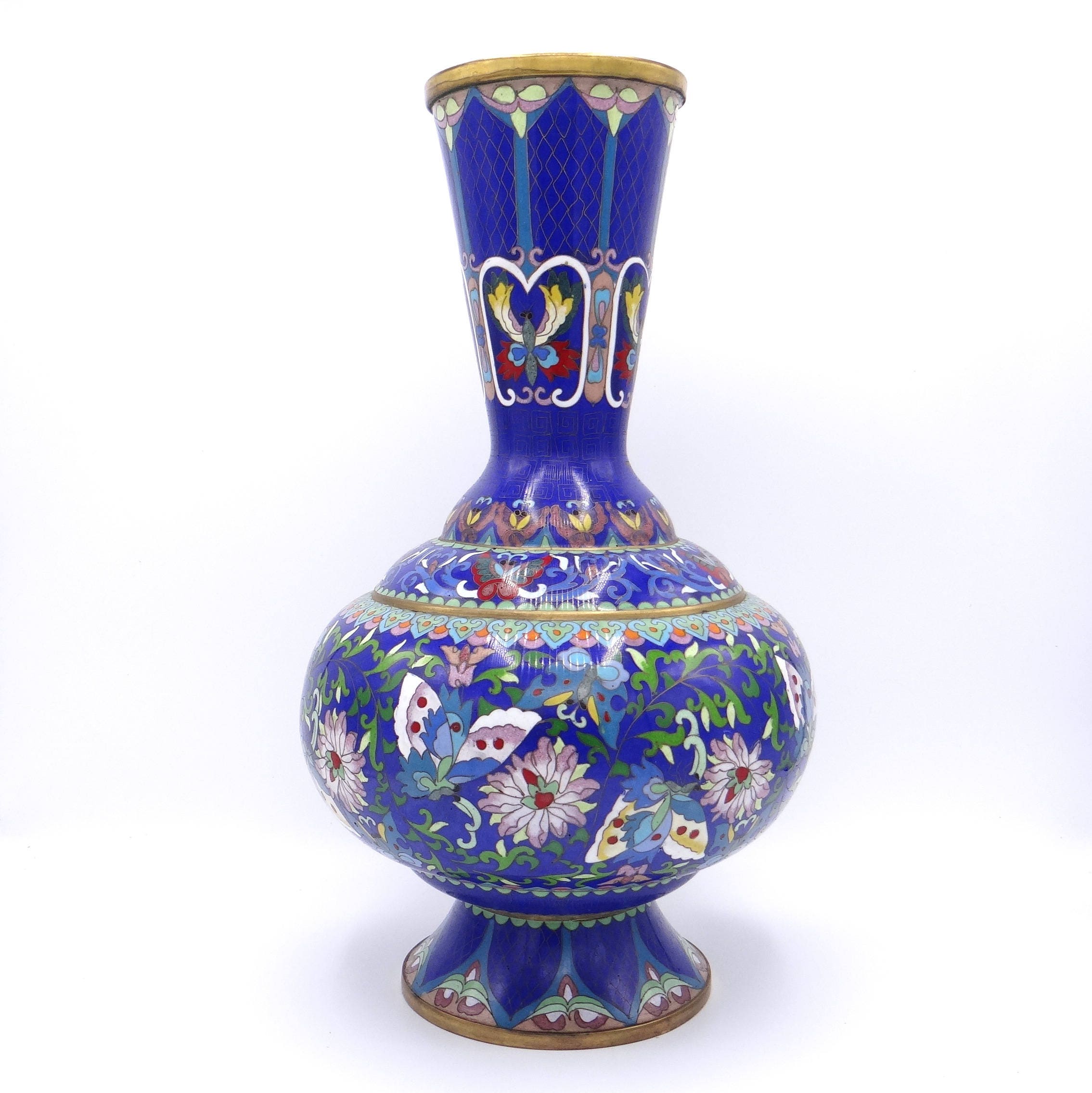 Large Cloisonne Vase 15 Inch Tall Long Neck Chinoiserie Vase Etsy
