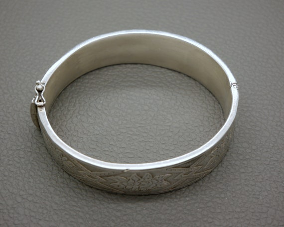 Etched Sterling Silver Bracelet, Hinged Cuff Brac… - image 8