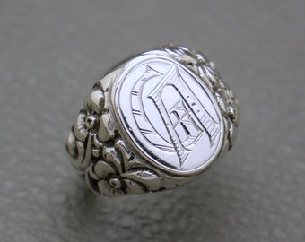 Vintage 800 Silver Men's Signet Monogram Ring Size 9.75 with Etched GA Initials, Victorian Style Jewelry, KW4