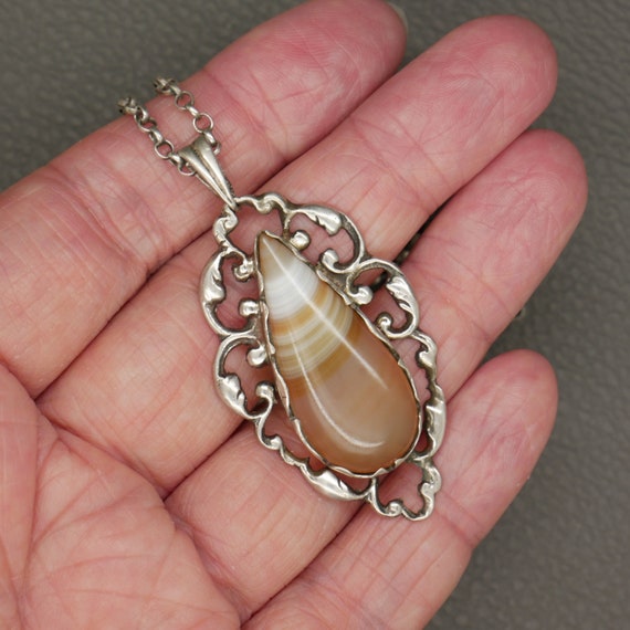 Antique 835 Silver & Striped Agate Pendant with O… - image 4
