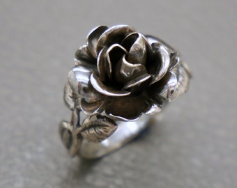 Rose Flower Sterling Silver Ring Size 7 - Biedermeier Design Vintage Artisan Jewelry - KW5