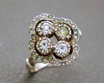 Antique Diamond Simili Crystal & 835 Silver Ring Size 8.75 - 1900s Edwardian Style Jewelry - Multi-stone Cluster Ring - KW5