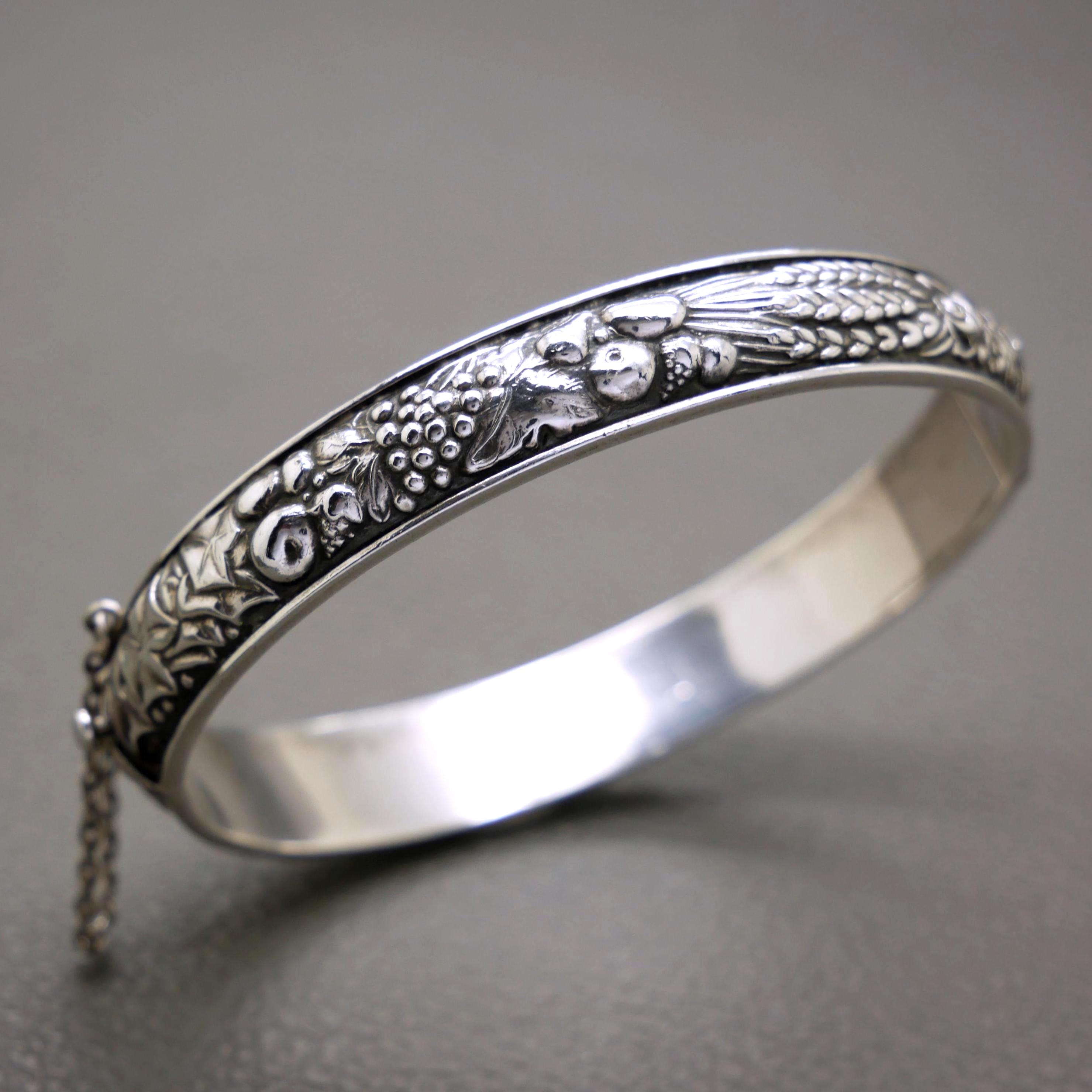 Vintage 835 Silver Bangle Bracelet: Fruit & Flower Ornament, 1930s