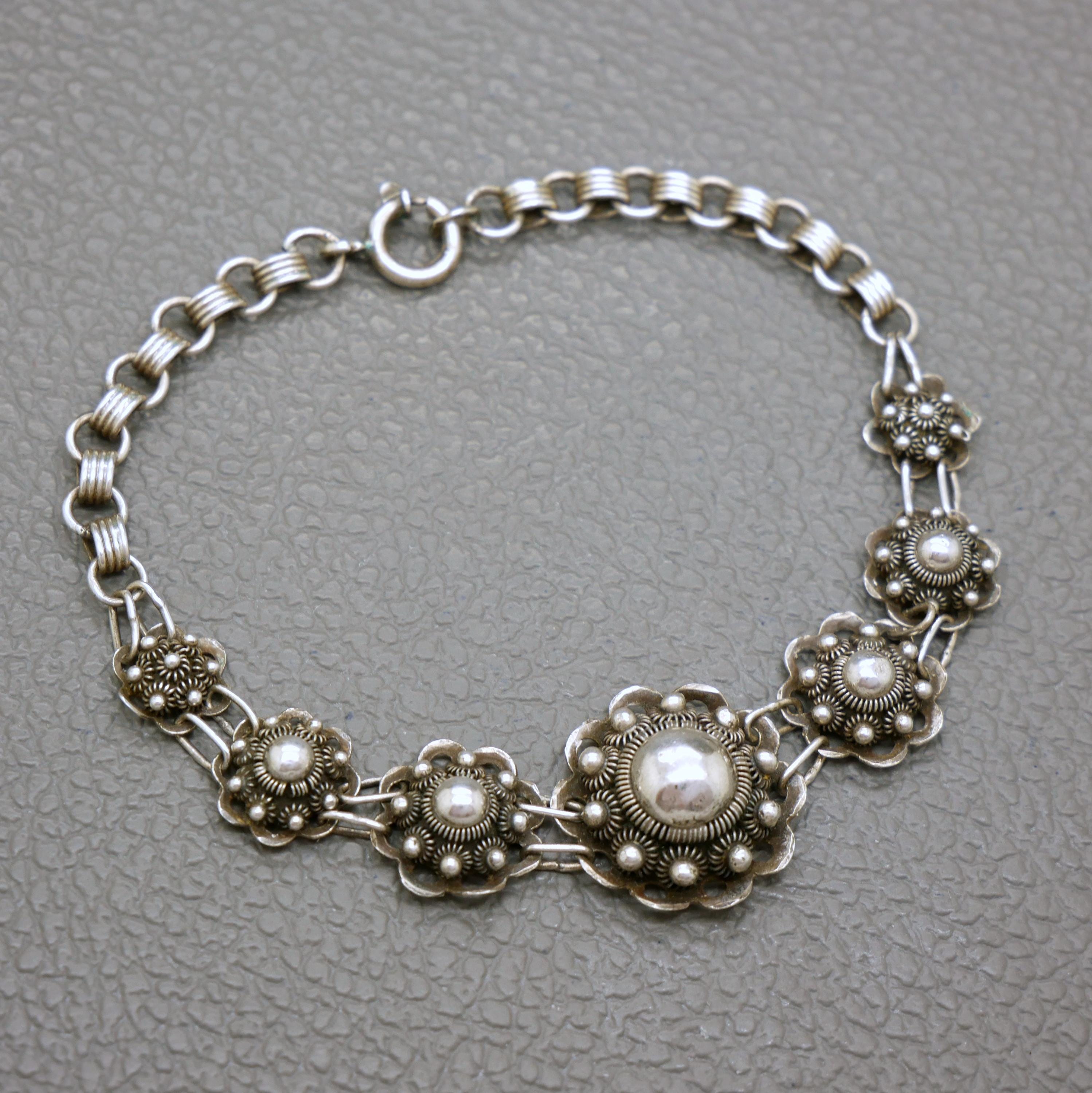 Vintage Dutch Button 835 Silver Filigree Bracelet - Zeeuwse