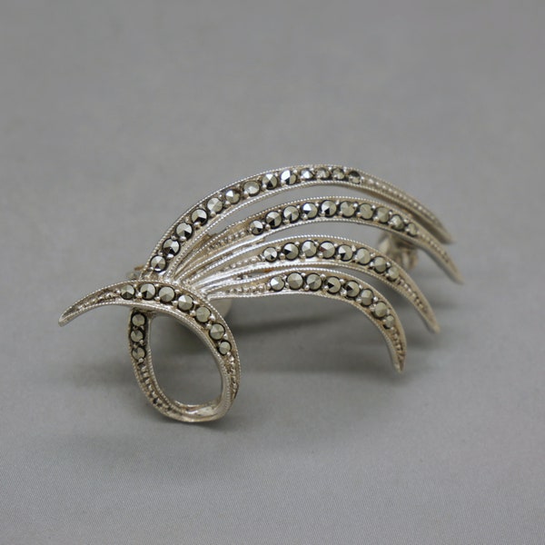 Romantic Brooch 835 Silver & Marcasites, Art Deco Style Mid Century Jewelry