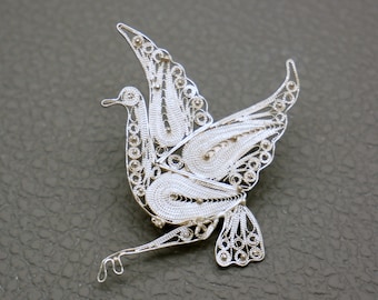 Kleine Kraanvogel Broche, 900 Zilveren Filigraan Pin, Handgemaakte Yogya Yogyakarta Mid Century Sieraden, verzamelbare broche