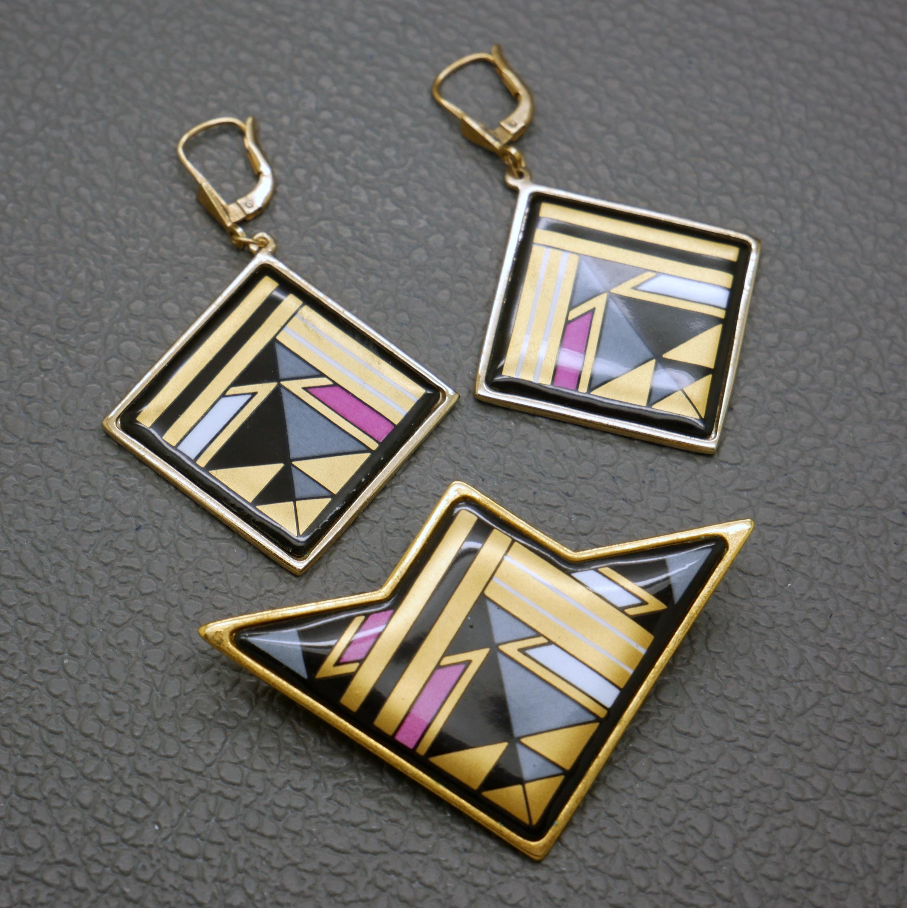 Vintage Michaela Frey Enamel Jewelry Set: Gold Plated Brooch