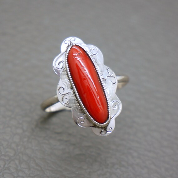 Vintage Red Coral & 835 Silver Ring, Genuine Medi… - image 5