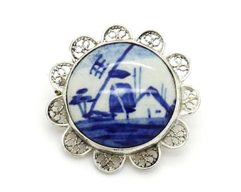 Broche em filigrana de prata Delft azul 835 - Joia vintage holandesa dos anos 1950