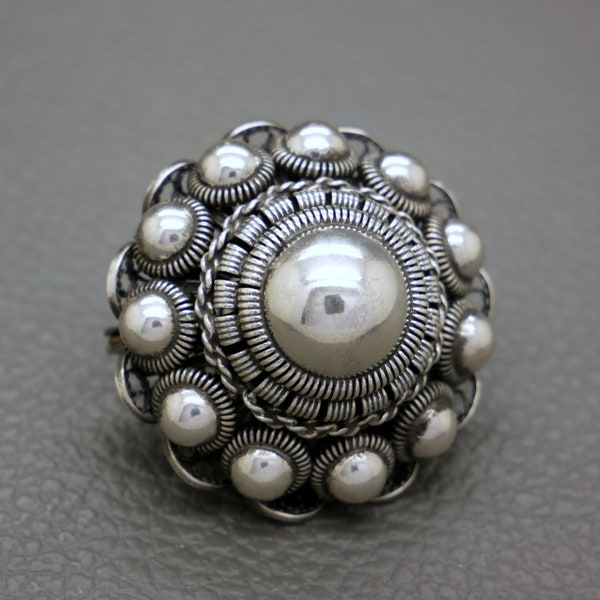 Large Dutch Button Sterling Silver Filigree Brooch D3.5cm, Traditional Dutch Heritage Vintage Victorian Style Jewelry, KW2