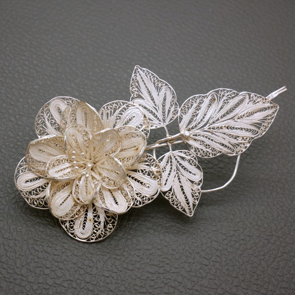 Extra Large Sterling Silver Filigree Brooch, Camelia Flower Pin, 1950's Vintage Javanese Yogyakarta Yogya (Djokja) Jewelry