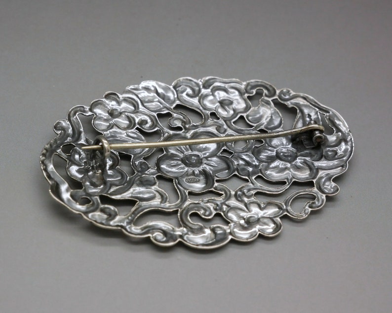 Openwork Flower Ornament Victorian Edwardian Dutch Heritage Jewelry Hallmarked 835 Silver Large Oval Pin Antique Silver Brooch