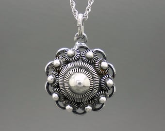 Small Dutch Button 835 Silver Filigree Pendant D1.8cm with Optional 20" Rope Chain, Vintage Dutch Heritage Jewelry - KW5