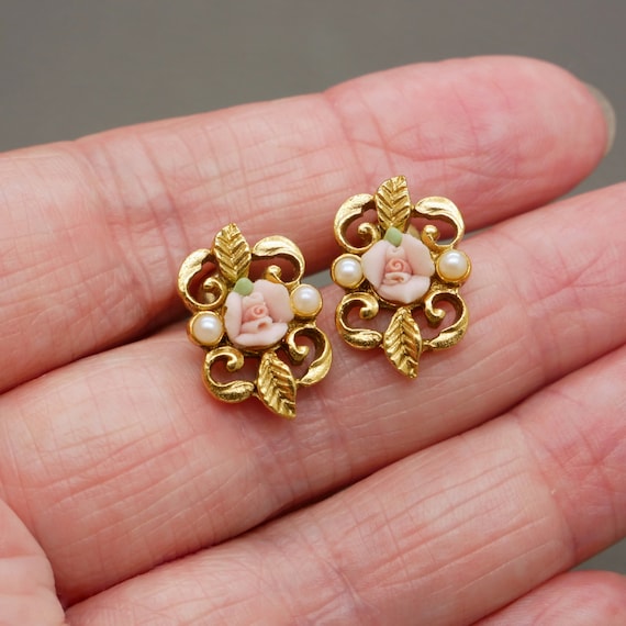 Lovely post earrings, pink rose flower ear studs,… - image 3