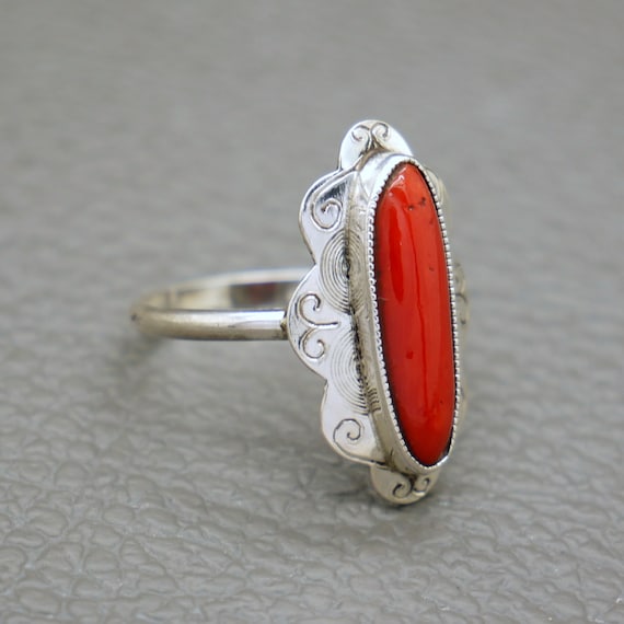 Vintage Red Coral & 835 Silver Ring, Genuine Medi… - image 2